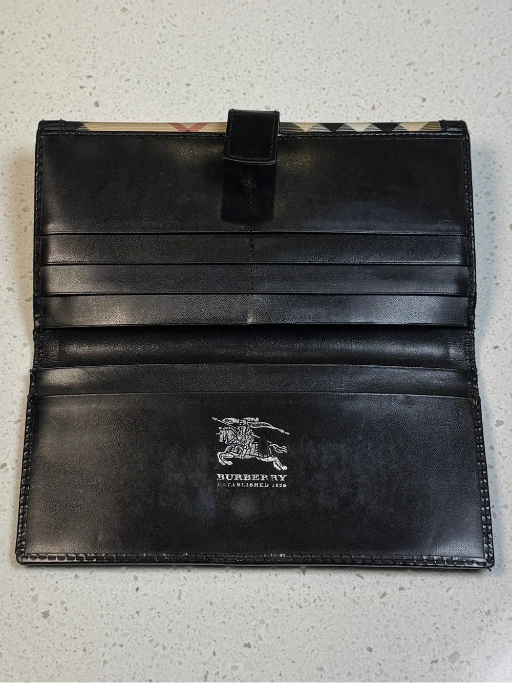 Vintage Burberry Nova Check Canvas Black Leather Stirrup Buckle Long Wallet